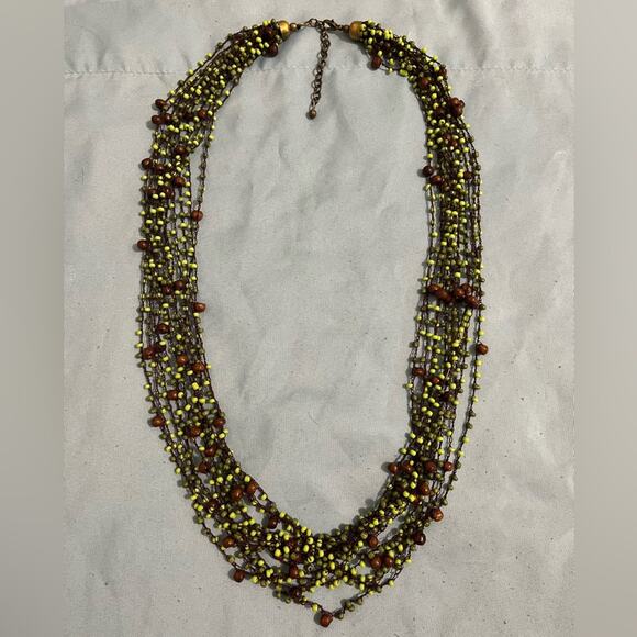 Brown and Green Beaded Statement Necklace - Picture 1 of 4